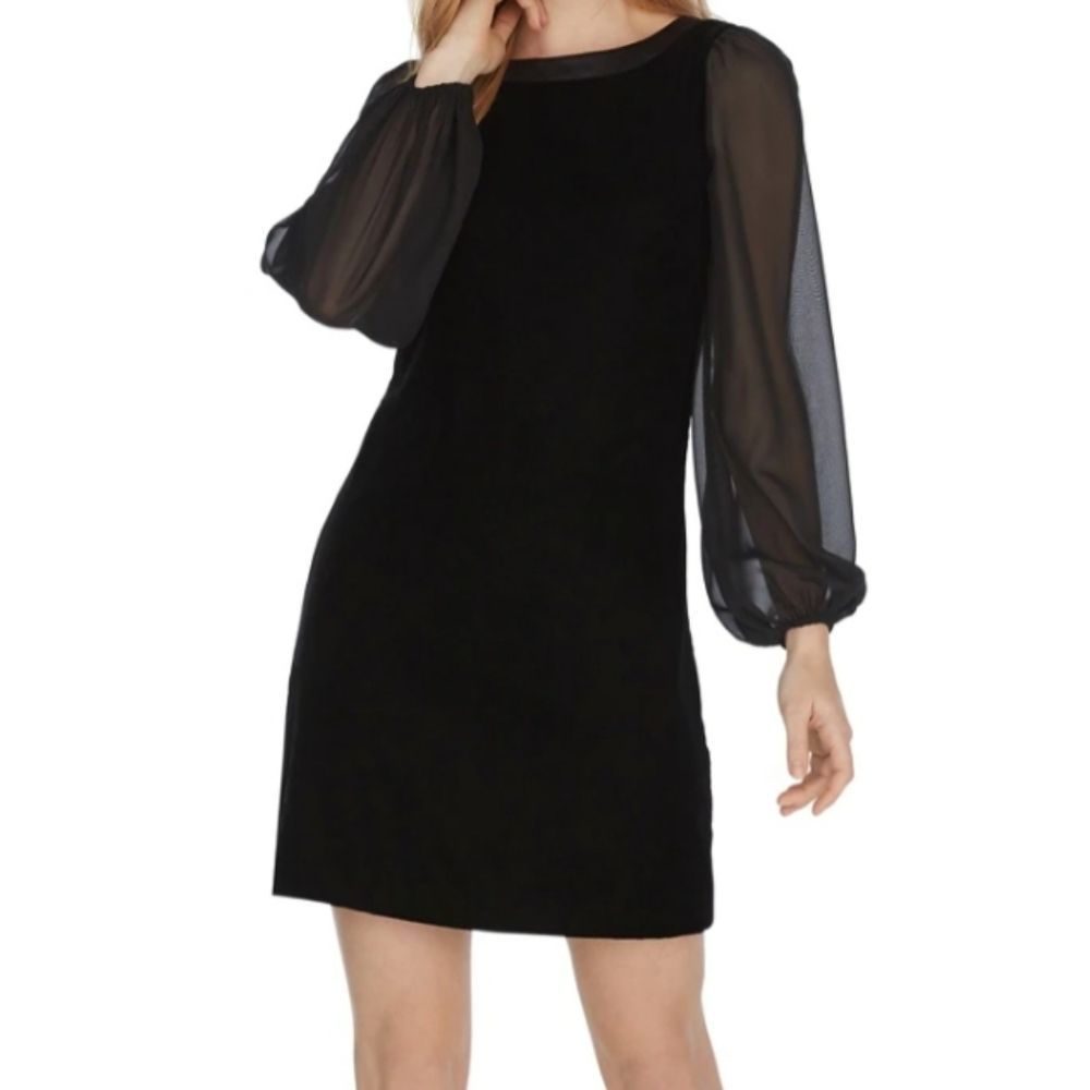 White House Black Market Black Sheer-Sleeve Velvet Shift Dress